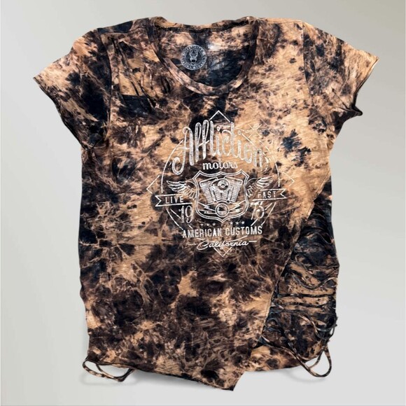 Affliction Womens T-Shirt American Customs 73 Foil Graphic Raw Edges Size Lrg - Picture 1 of 9